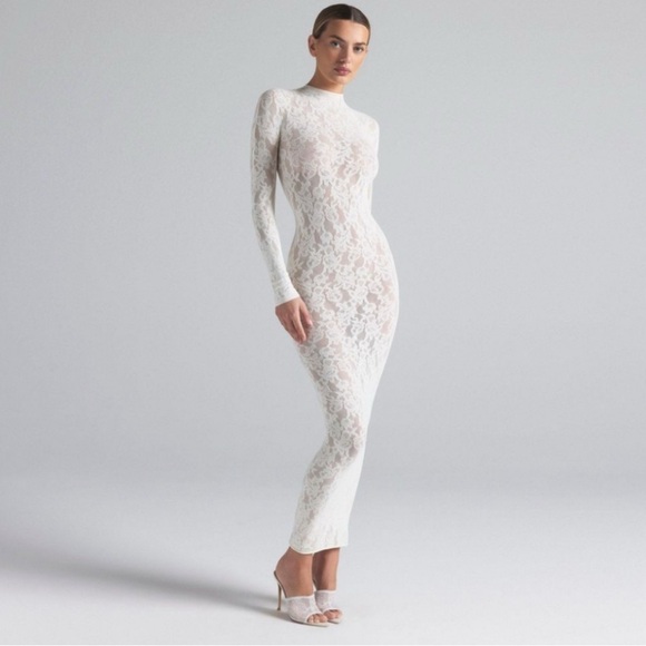 skims lace turtleneck dress SKIMS | Dresses | Skims Knit Lace Turtleneck Maxi Dress In Ivory Cream  White Nwt